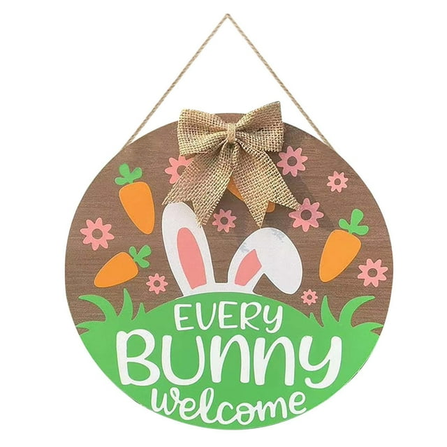 Coaye Easter Wooden Sign Happy Bunny Sign Easter Wood Wreath Sign Front