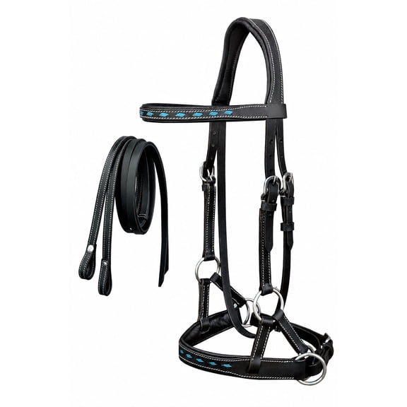Cob Black Leather Turquoise Buckstith Bitless Sidepull Bridle Reins 7714TR-C