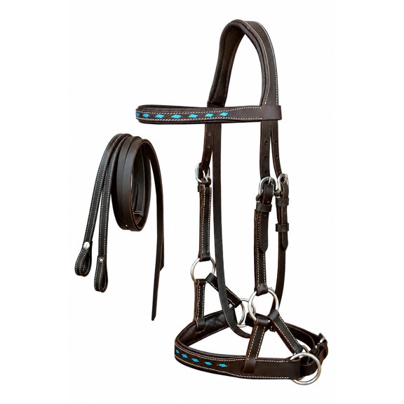 Cob Brown Leather Turquoise Buckstith Bitless Sidepull Bridle Reins 7715TR-C