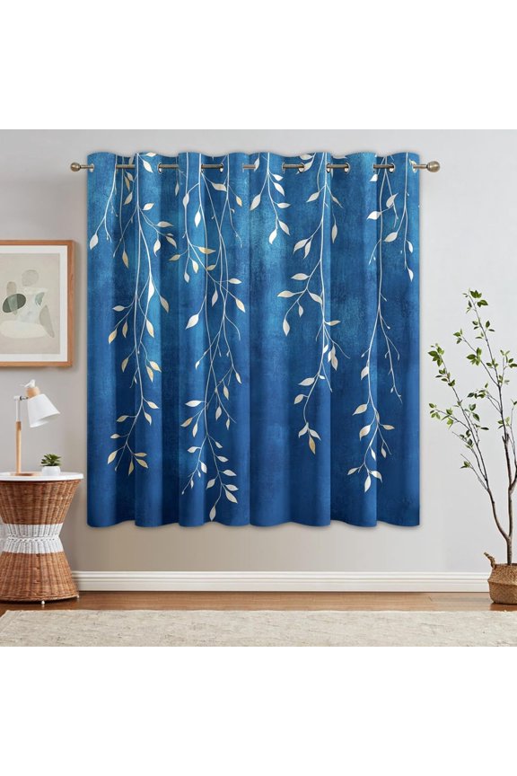 Cobalt Blue Curtains For Bedroom, Weeping Leaf Drapes, Leaves Plant Blackout Curtains For Living Room Home Decor, Patterned Grommet Drapes 38"W x 45"L