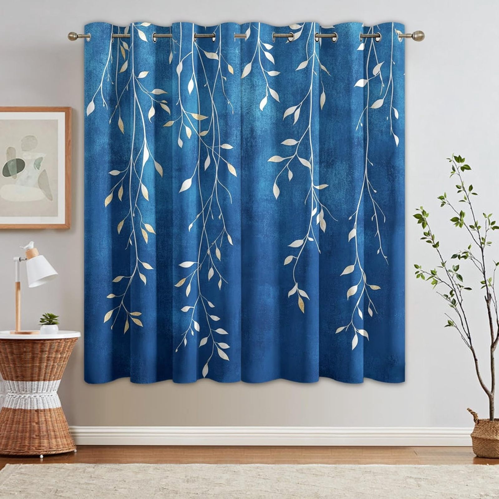 Cobalt Blue Curtains For Bedroom, Weeping Leaf Drapes, Leaves Plant ...
