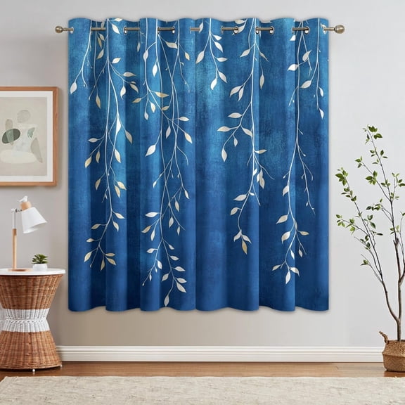 Cobalt Blue Curtains For Bedroom, Weeping Leaf Drapes, Leaves Plant Blackout Curtains For Living Room Home Decor, Patterned Grommet Drapes 52"W x 63"L
