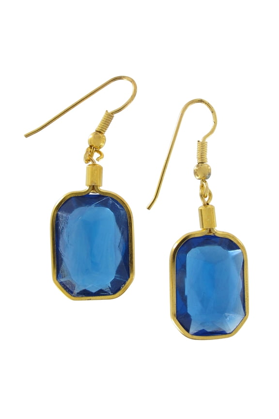 Cobalt Blue Faux Jewel Octagon Dangle Drop Pierced Earrings 1 3/8" Ladies Adult Female Women