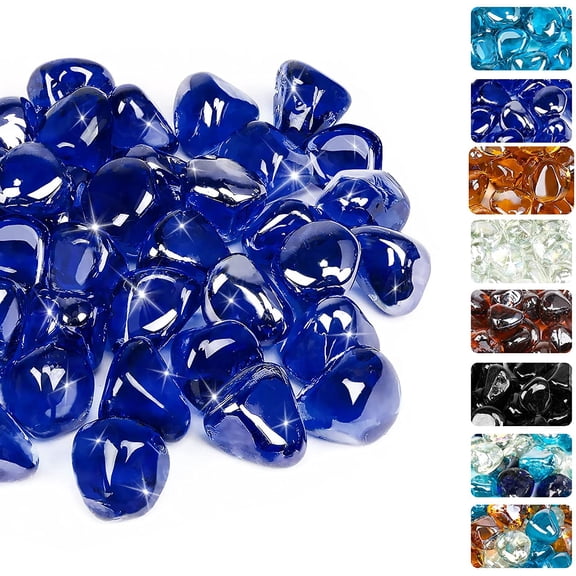 Cobalt Blue Fire Glass Diamonds for Fire Pit, 1 Inch High Luster Reflective Tempered Glass Rocks for Natural or Propane Fireplace, Safe for Outdoors and Indoors Firepit Glass, 10 Pounds