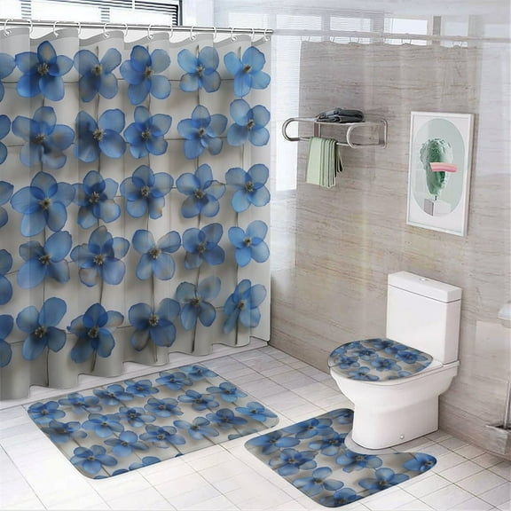 Cobalt Blue Flowers 4 Pcs Bathroom Shower Curtain Set, Bathroom Sets with Rugs (Bath Mat, U Shape and Toilet Lid Cover Mat) and 12 Hooks,