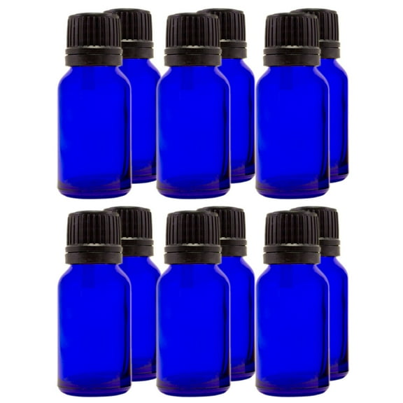Cobalt Blue Glass Bottle - 15 ml (1/2 fl oz) w/ Euro Dropper & Tamper-Evident Cap - Pack of 12