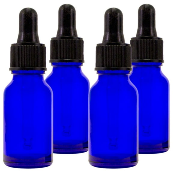 Cobalt Blue Glass Bottle - 15 ml (1/2 fl oz) w/ Glass Dropper - Pack of 4