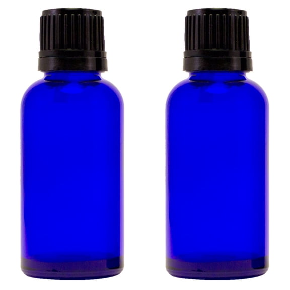 Cobalt Blue Glass Bottle - 30 ml (1 fl oz) w/ Euro Dropper & Tamper-Evident Cap - Pack of 2