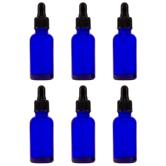 Cobalt Blue Glass Bottle - 30 ml (1 fl oz) w/ Glass Dropper - Pack of 6