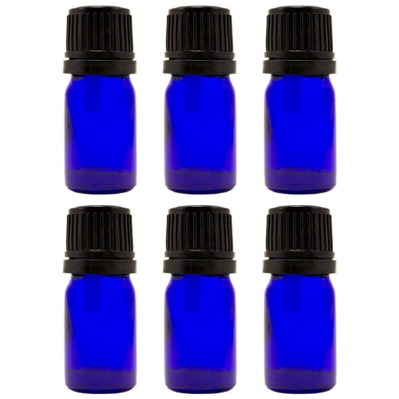 Cobalt Blue Glass Bottle - 5 ml (1/6 fl oz) w/ Euro Dropper & Tamper-Evident Cap - Pack of 6