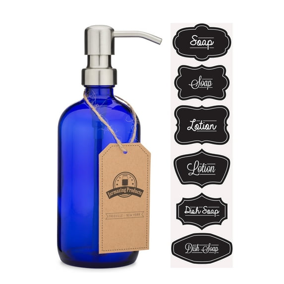 Cobalt Blue Glass Pint Jar Soap and Lotion Dispenser with Metal Pump (Stainless Steel)
