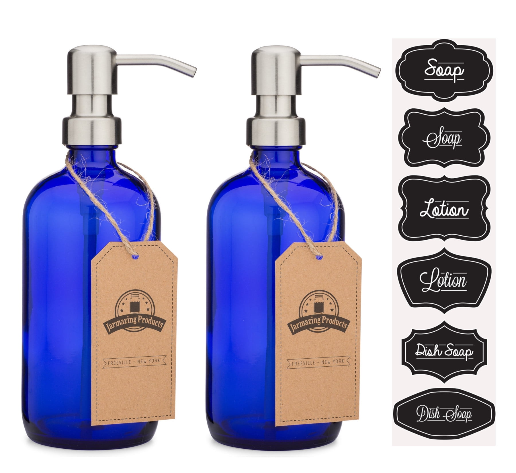 Cobalt Blue Glass Pint Jar Soap and Lotion Dispenser with Stainless Steel Metal Pump - 2 Pack