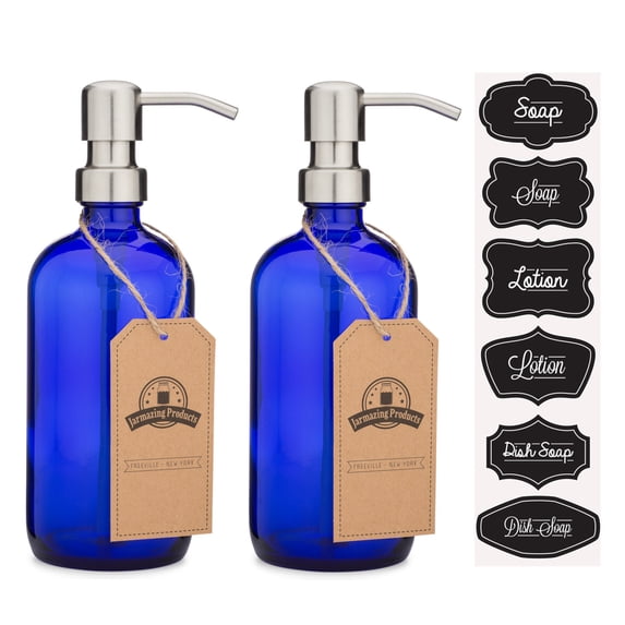 Cobalt Blue Glass Pint Jar Soap and Lotion Dispenser with Stainless Steel Metal Pump - 2 Pack