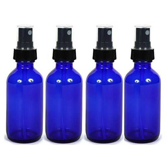 Cobalt Blue Glass Spray Bottle 2 oz, 4 pk with BONUS Waterproof Labels, Fine Mist Sprayer, for Essential Oils, Colognes & Perfumes