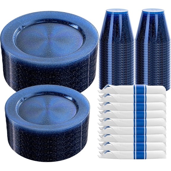 Cobalt Blue Glitter Disposable Dinnerware Set for 50 Guests 350 Pieces