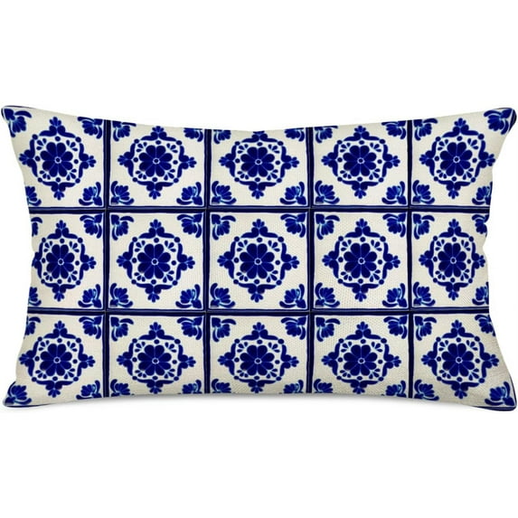 Cobalt Blue Home Decor Lumbar Pillow Cases 12x20 Inch Moroccan Tile Spanish Floral Outdoor Throw Pillowcase Bohemian Geometric Cushion Cover for Sofa Bed Couch