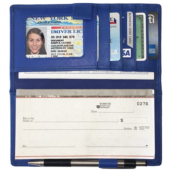 Cobalt Blue RFID Leather Checkbook Cover With Credit Card Slots and Pen Holder