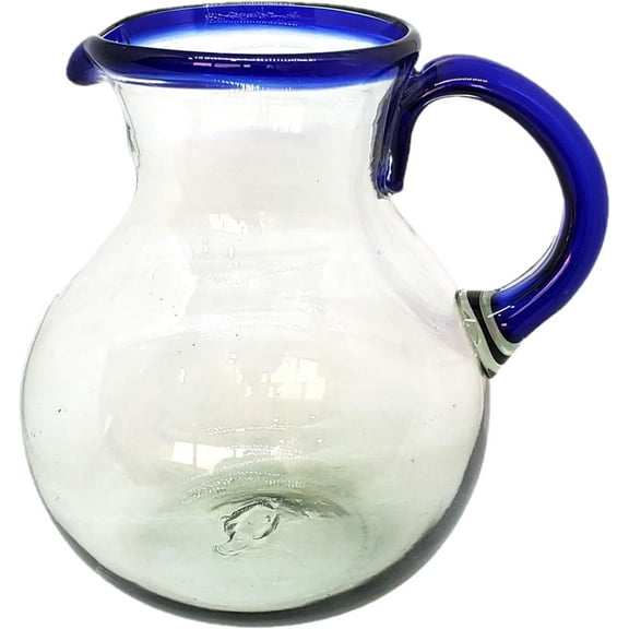 Cobalt Blue Rim 120 oz Large Bola Pitcher, Recycled Glass, Lead-free, Toxin-Free (Pitcher)