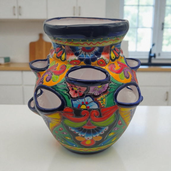 Cobalt Blue Rim Talavera Strawberry Planter | Mexican Ceramic Pot