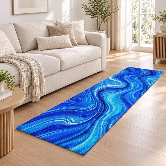 Popular Blue Rug Cobalt Blue Swirling Waves Runner Rug for Kitchen Bedroom Hallway ...