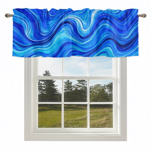 Cobalt Blue Swirling Waves Valances for Windows,Rod Pocket Valance for Kitchen Bedroom Bathroom Living Room, Marble Veins Pattern Window Valance Curtain Farmhouse Home Decor Short Curtains 54x18in