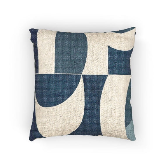 Cobalt Blue and Cream Geometric Arcs Woven Pillow, Cotton-Polyester Shell for Sofa, Chair or Bed