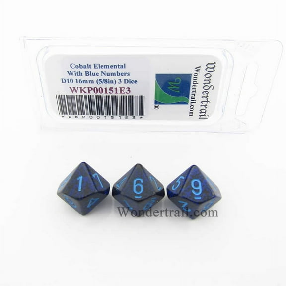 Cobalt Elemental Dice with Blue Numbers D10 Aprox 16mm (5/8in) Pack of 3 Wondertrail