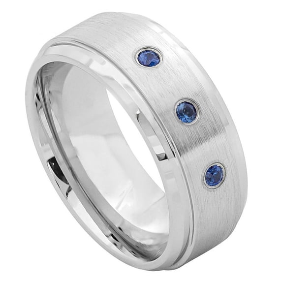 Cobalt Simulated Sapphire Three CZ Stone 9MM Brushed Center Ring Size 12