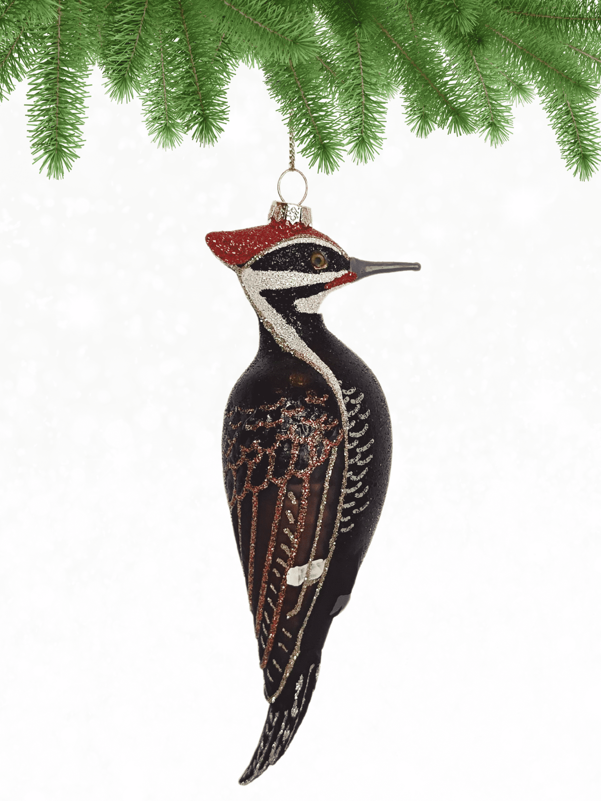 Cobane Studio Pileated Woodpecker Ornament - Blown Glass Bird Ornament for Christmas and Home Decor - Hand Painted and Dusted with Glitter