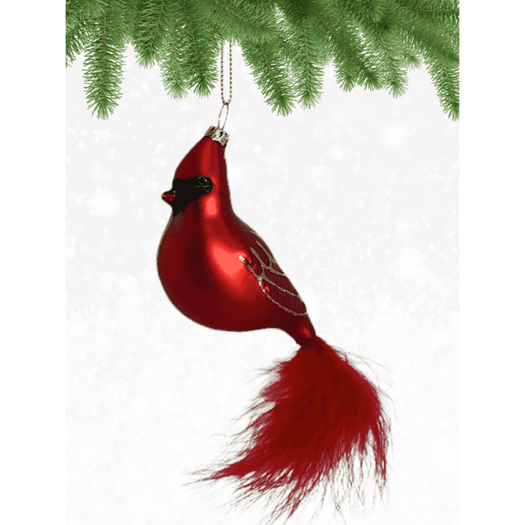 Cobane Studio Cardinal Ornament with Feather Tail - Blown Glass Ornaments for Bird Lovers - Hand Painted Red Cardinal Christmas Tree Decoration
