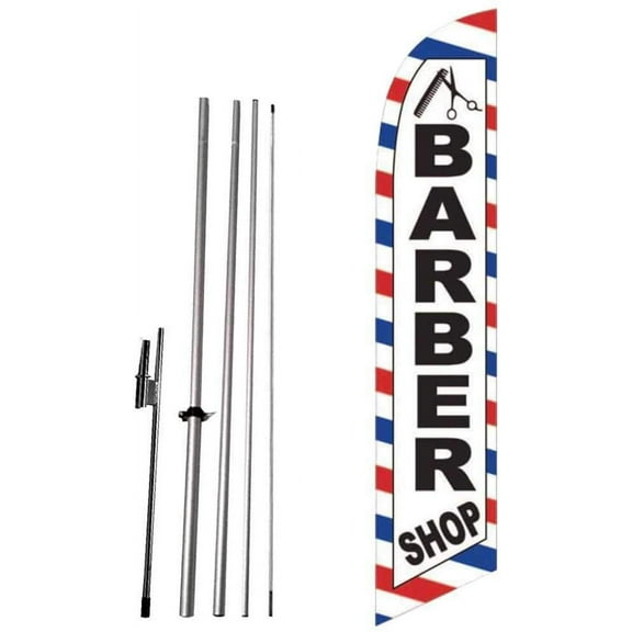 Cobb Promo Barber Shop White Feather Flag with Complete 15ft Pole kit and Ground Spike