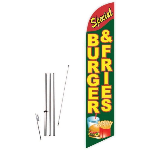 Cobb Promo Burger & Fries Special Green Feather Flag with Complete 15ft Pole kit and Ground Spike