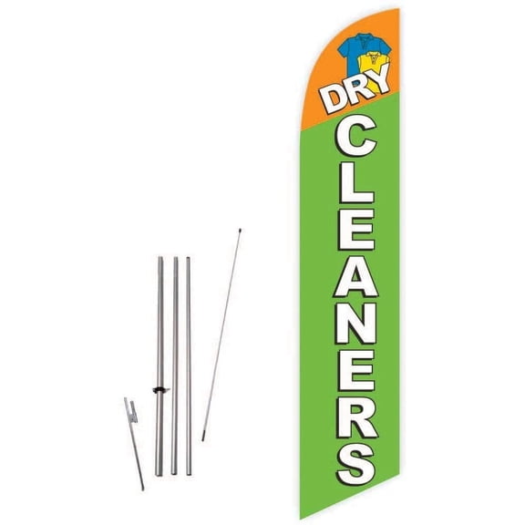 Cobb Promo Dry Cleaners Green Feather Flag with Complete 15ft Pole kit and Ground Spike