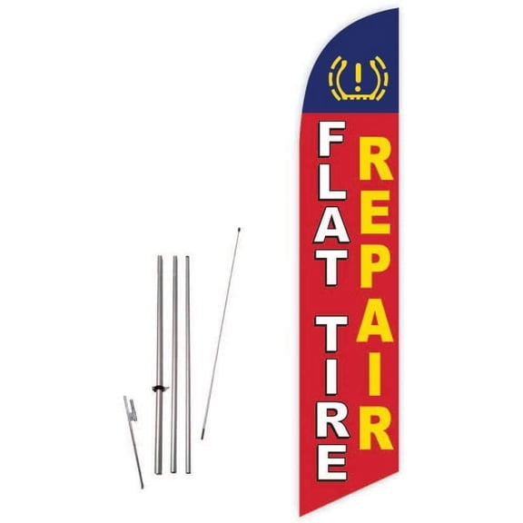 Cobb Promo Flat Tire Repair Red Feather Flag with Complete 15ft Pole kit and Ground Spike