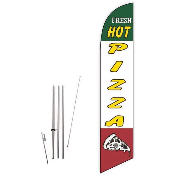 Cobb Promo Fresh Hot Pizza Italian Flag Feather Flag with Complete 15ft Pole kit and Ground Spike
