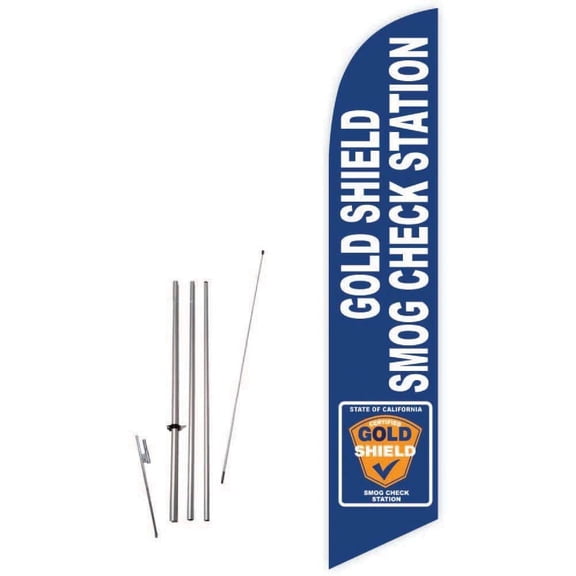 Cobb Promo Gold Shield Smog Check Station Blue Feather Flag with Complete 15ft Pole kit and Ground Spike