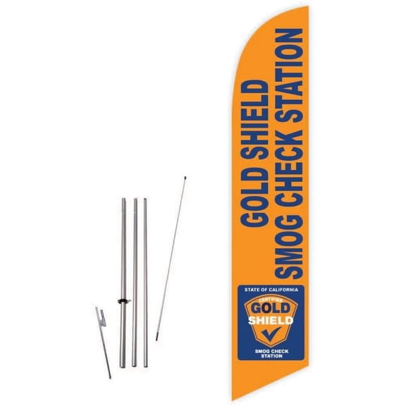 Cobb Promo Gold Shield Smog Check Station Gold Feather Flag with Complete 15ft Pole kit and Ground Spike