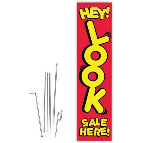 Cobb Promo Hey Look Sale Here Red/Yellow Rectangle Boomer Flag with Complete 15ft Pole kit and Ground Spike