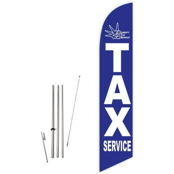 Cobb Promo Liberty Tax Service Blue Feather Flag with Complete 15ft Pole kit and Ground Spike