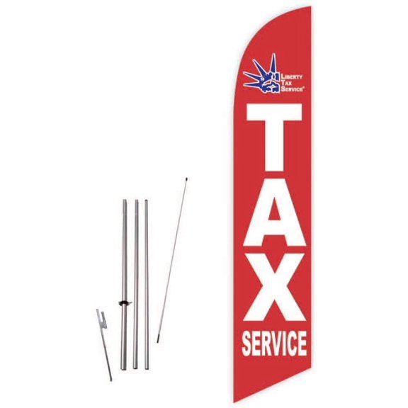 Cobb Promo Liberty Tax Service Red Feather Flag with Complete 15ft Pole kit and Ground Spike