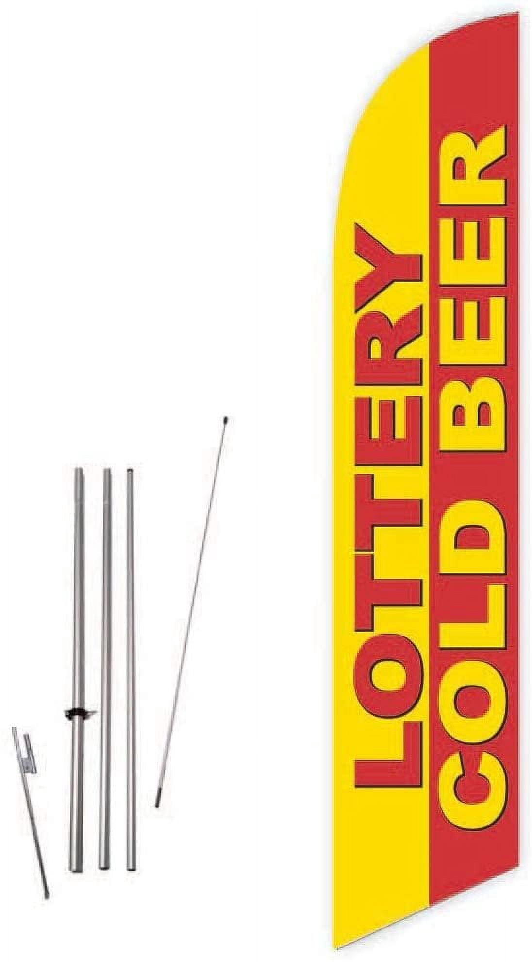 Lottery Cold Beer (Yellow/Red) Feather Flag with Complete 15ft Pole kit and Ground Spike