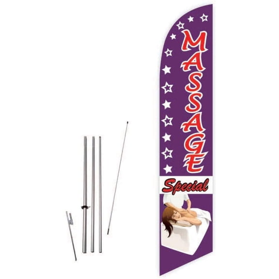 Cobb Promo Massage Special Purple Feather Flag with Complete 15ft Pole kit and Ground Spike