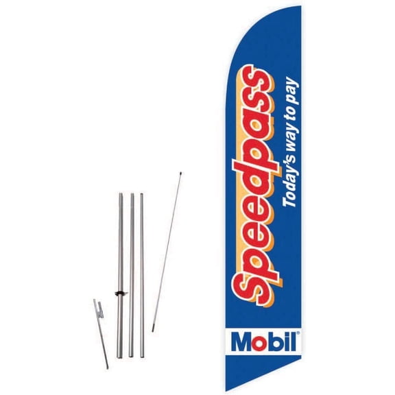Cobb Promo Mobil Speedpass Blue Feather Flag with Complete 15ft Pole kit and Ground Spike