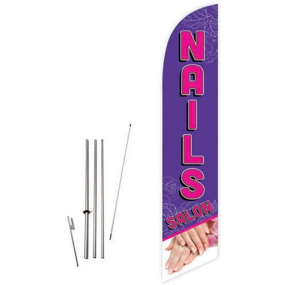 Cobb Promo Nails Salon Purple Feather Flag with Complete 15ft Pole kit and Ground Spike