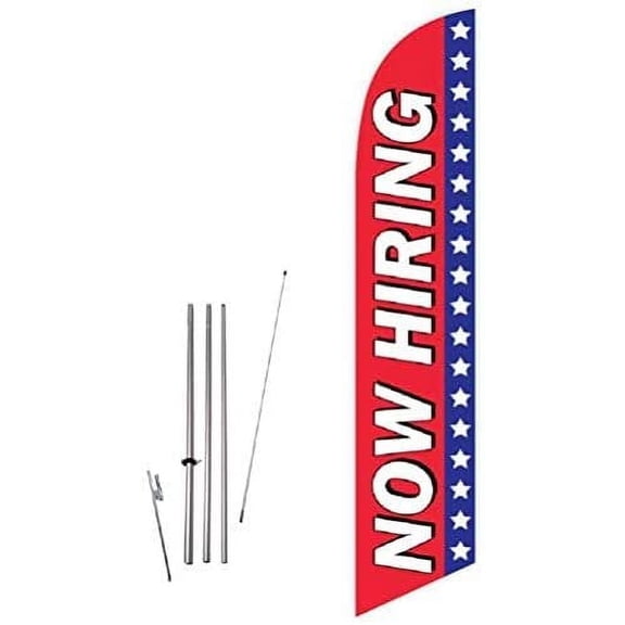 Cobb Promo Now Hiring Red/Blue Feather Flag with Complete 15ft Pole kit and Ground Spike