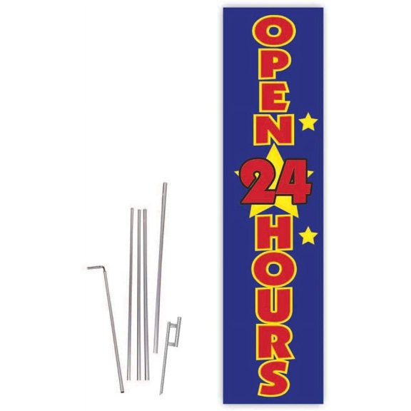 Cobb Promo Open 24 Hours Blue Rectangle Boomer Flag with Complete 15ft Pole kit and Ground Spike