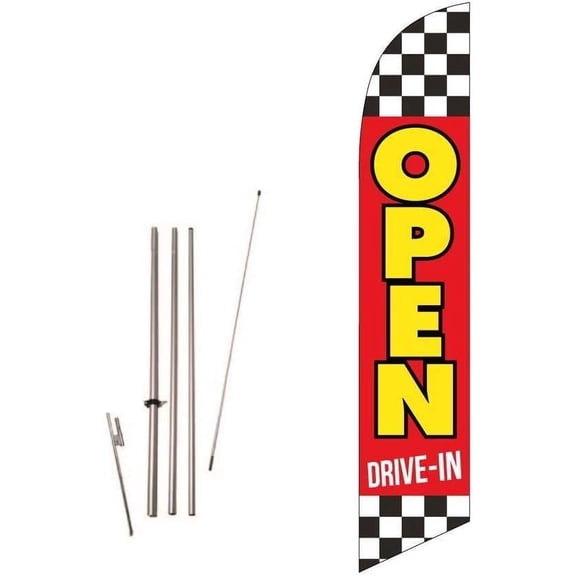 Cobb Promo Open Drive-in Red/Yellow/Checkered Advertising Feather Flag with Complete 15ft Pole kit and Ground Spike