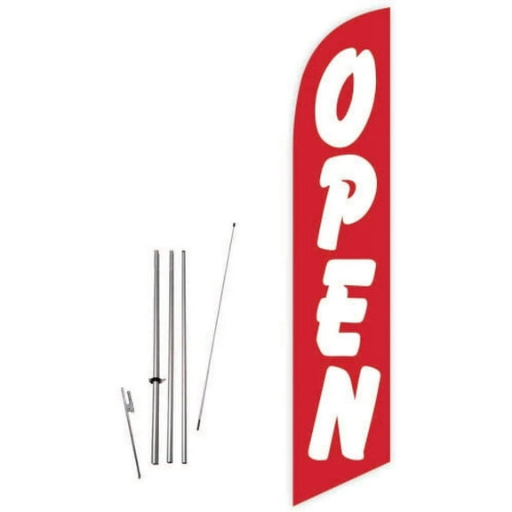 Cobb Promo Open Red Advertising Feather Flag with Complete 15ft Pole kit and Ground Spike