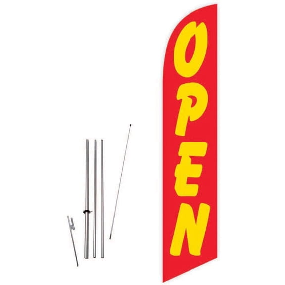 Cobb Promo Open Red/Yellow Advertising Feather Flag with Complete 15ft Pole kit and Ground Spike