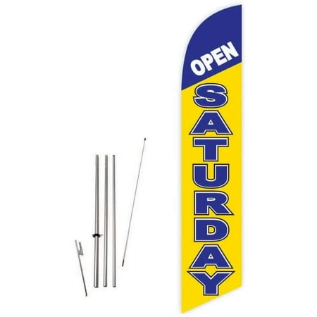 Cobb Promo Open Saturday Yellow/Blue Advertising Feather Flag with Complete 15ft Pole kit and Ground Spike